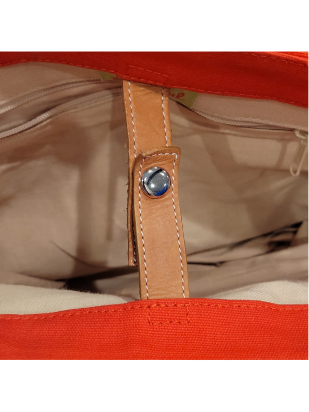 Fossil Orange Canvas Tote Bag Brown Leather Handles Shoulder Purse Zip Top - Picture 10 of 14